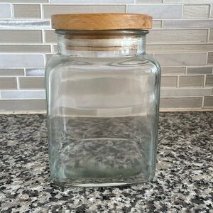 Rustic Charm Glass Storage Jar - Wooden Lid, 7” Square